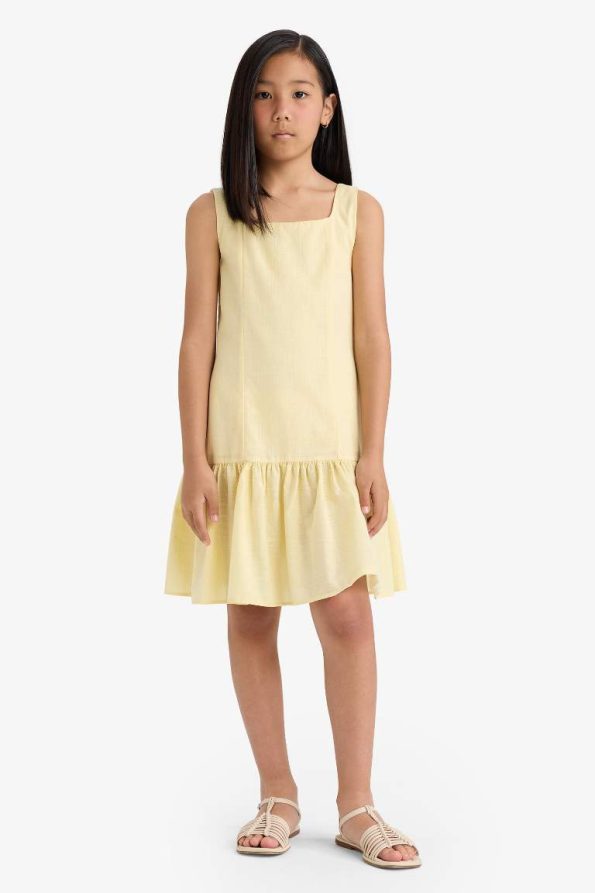 Girls' Cotton Sleeveless Summer Dress with Ruffled Round Neck