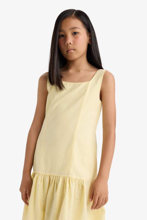 Girls' Cotton Sleeveless Summer Dress with Ruffled Round Neck
