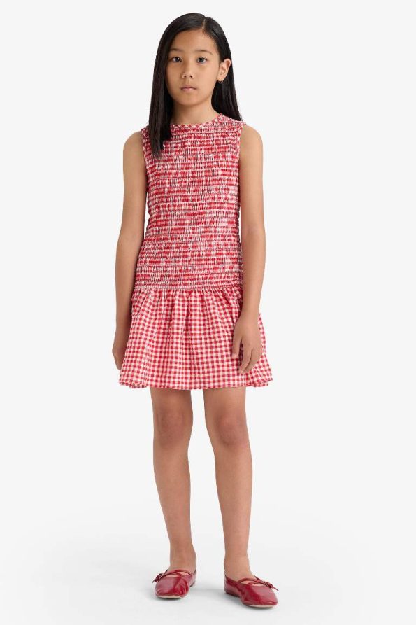 Girls' Summer Sleeveless Checkered Dress with Round Neck