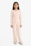 Girls' Pajama Set with Ribbed Knit Heart Pattern Long Sleeve Top and Long Pants