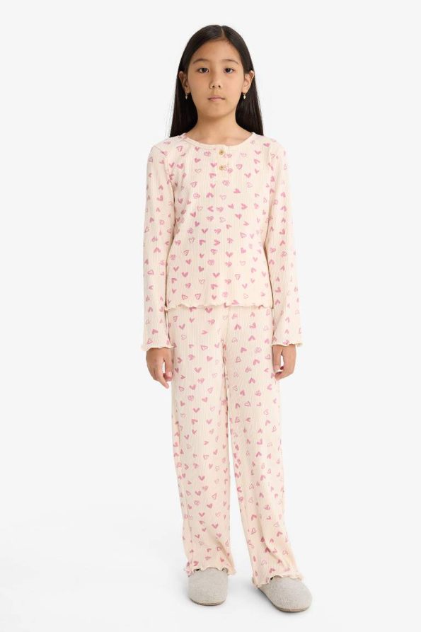 Girls' Pajama Set with Ribbed Knit Heart Pattern Long Sleeve Top and Long Pants
