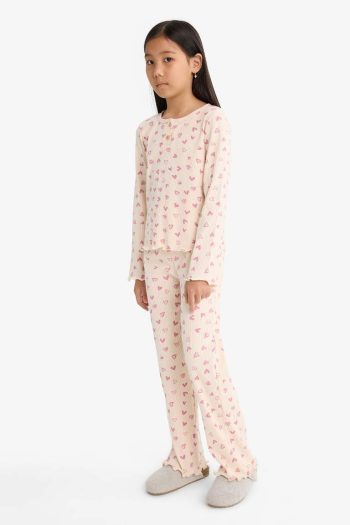 Girls' Pajama Set with Ribbed Knit Heart Pattern Long Sleeve Top and Long Pants