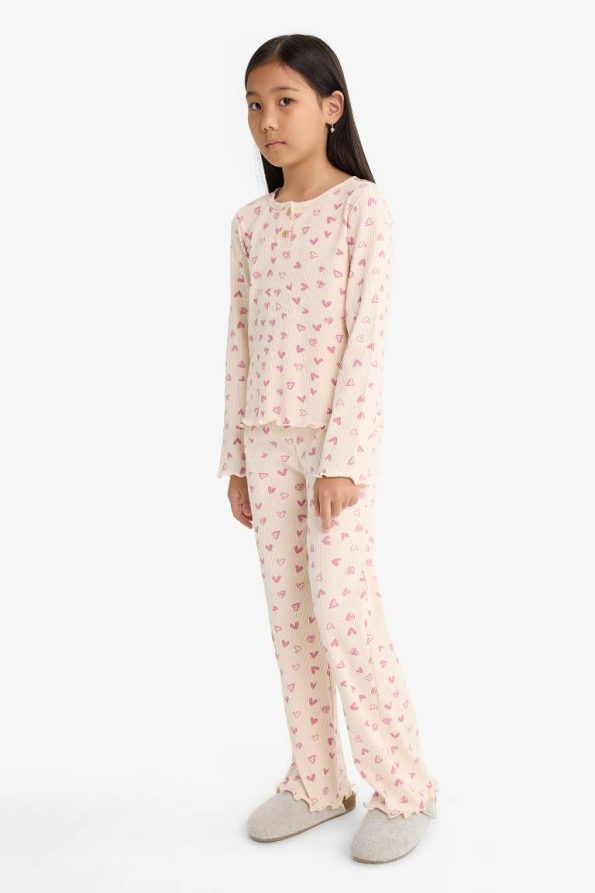 Girls' Pajama Set with Ribbed Knit Heart Pattern Long Sleeve Top and Long Pants