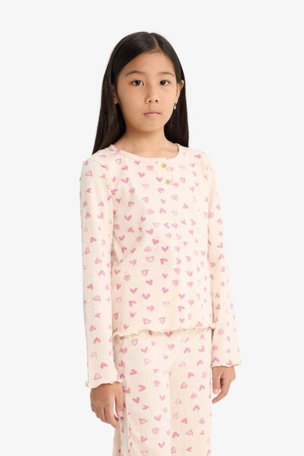 Girls' Pajama Set with Ribbed Knit Heart Pattern Long Sleeve Top and Long Pants