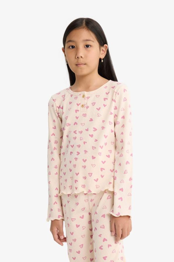 Girls' Pajama Set with Ribbed Knit Heart Pattern Long Sleeve Top and Long Pants
