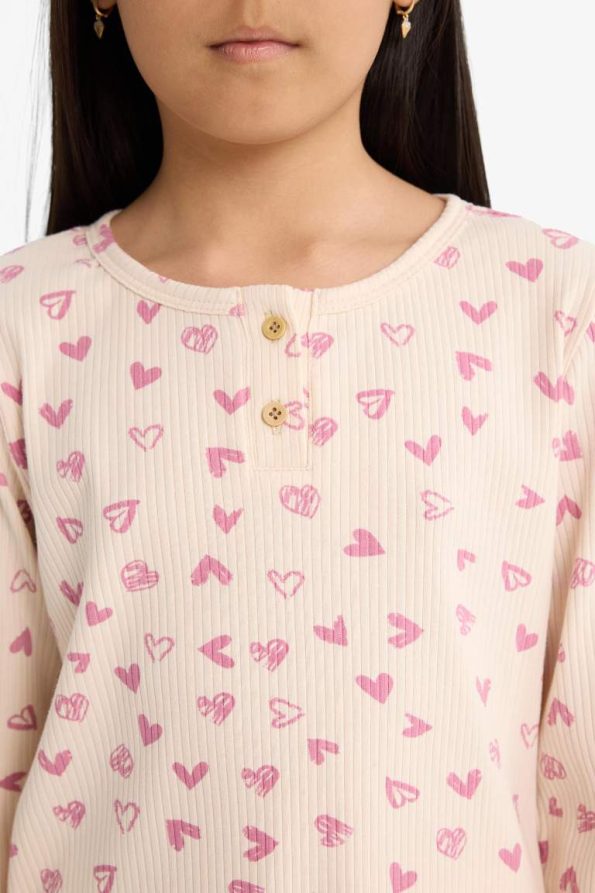 Girls' Pajama Set with Ribbed Knit Heart Pattern Long Sleeve Top and Long Pants