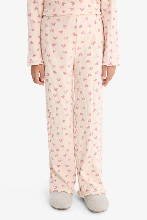 Girls' Pajama Set with Ribbed Knit Heart Pattern Long Sleeve Top and Long Pants