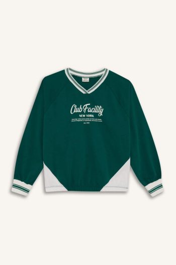 Girls' Oversized V-Neck Printed School Sweatshirt