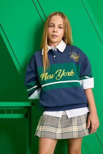 Girls' Relax Fit Printed Polo Collar School Sweatshirt
