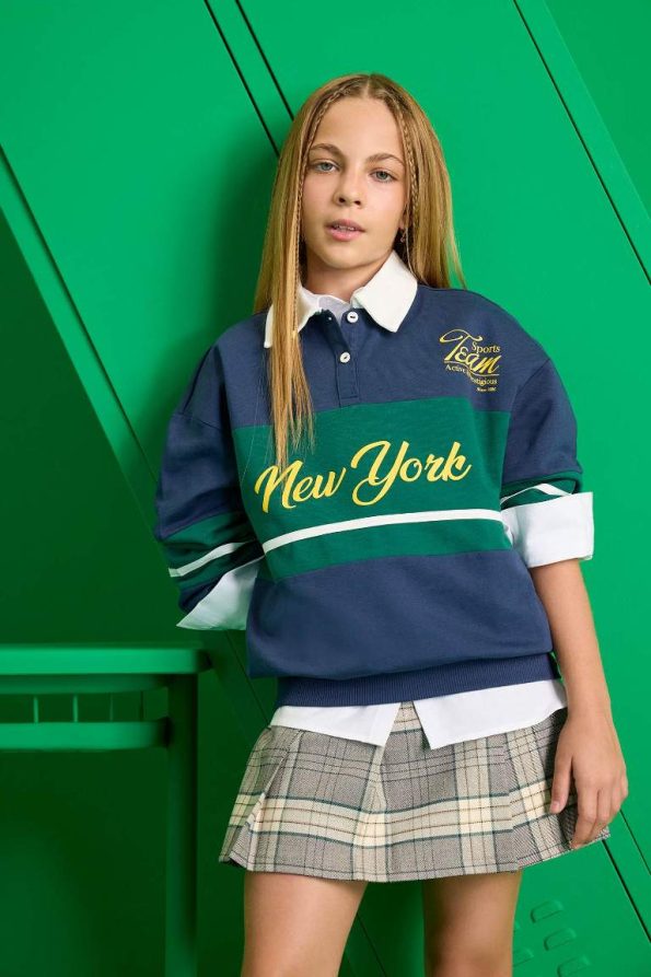 Girls' Relax Fit Printed Polo Collar School Sweatshirt