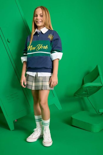 Girls' Relax Fit Printed Polo Collar School Sweatshirt