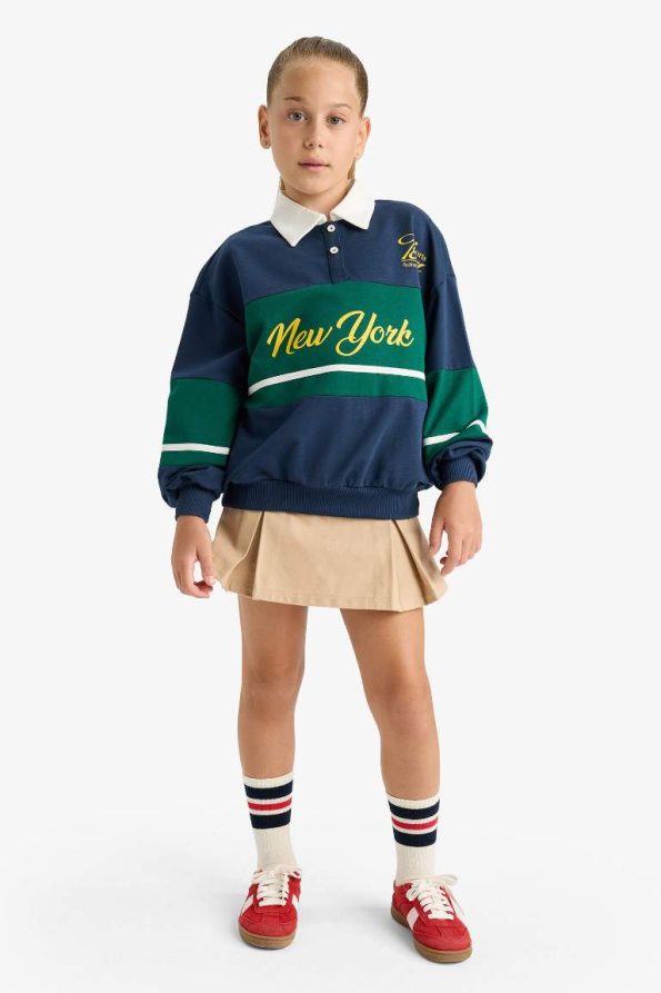 Girls' Relax Fit Printed Polo Collar School Sweatshirt