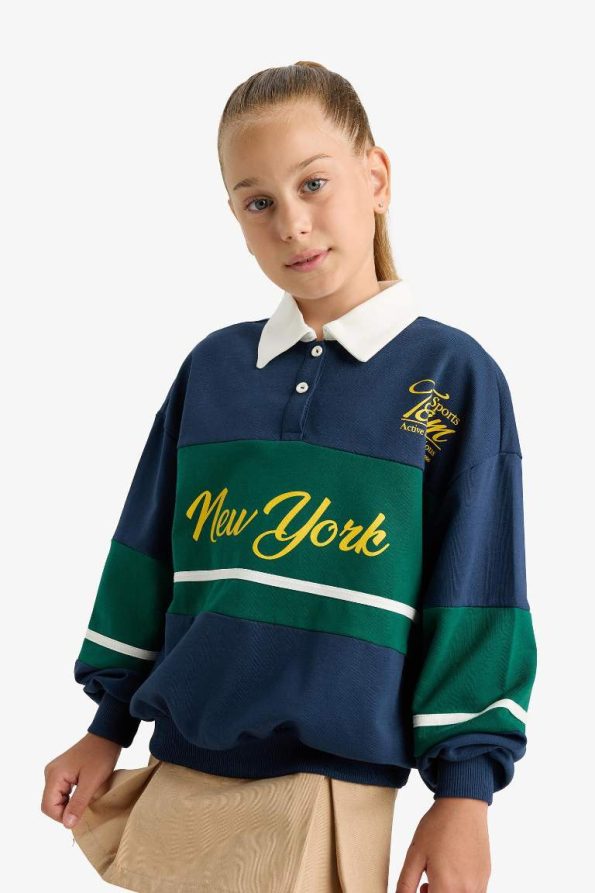 Girls' Relax Fit Printed Polo Collar School Sweatshirt