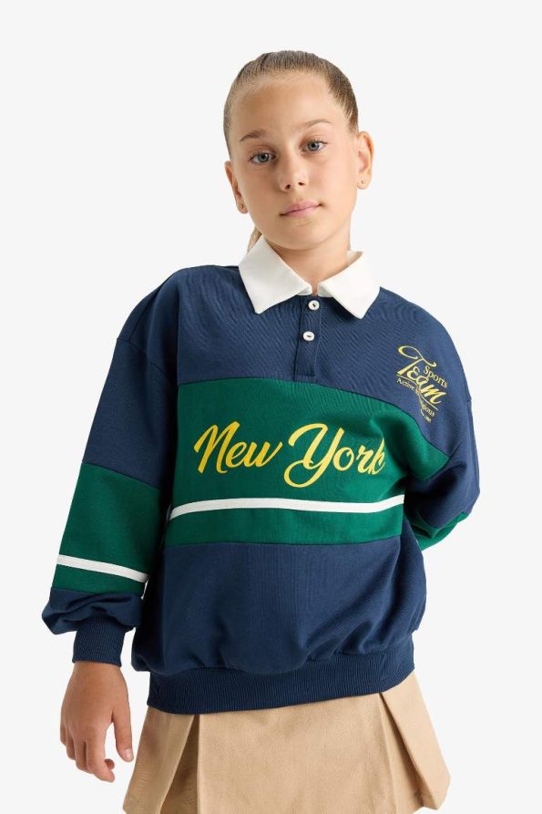 Girls' Relax Fit Printed Polo Collar School Sweatshirt