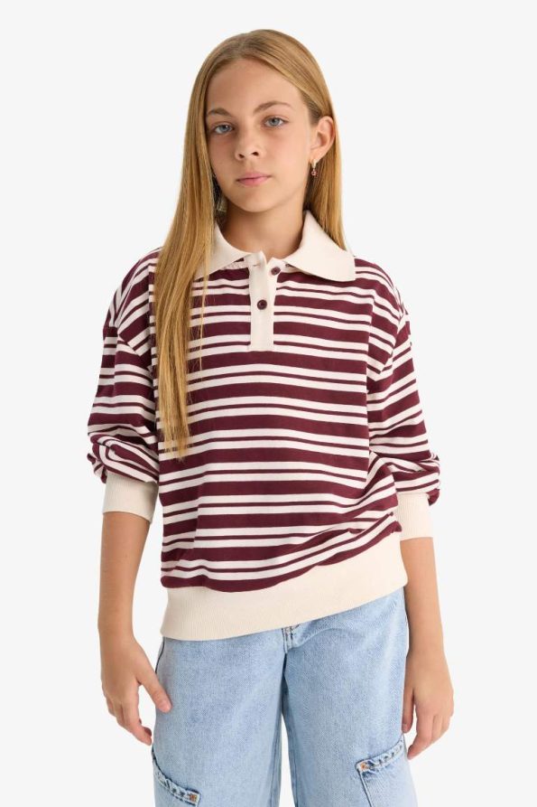 Girls' Relax Fit Striped Long Sleeve Polo School T-Shirt