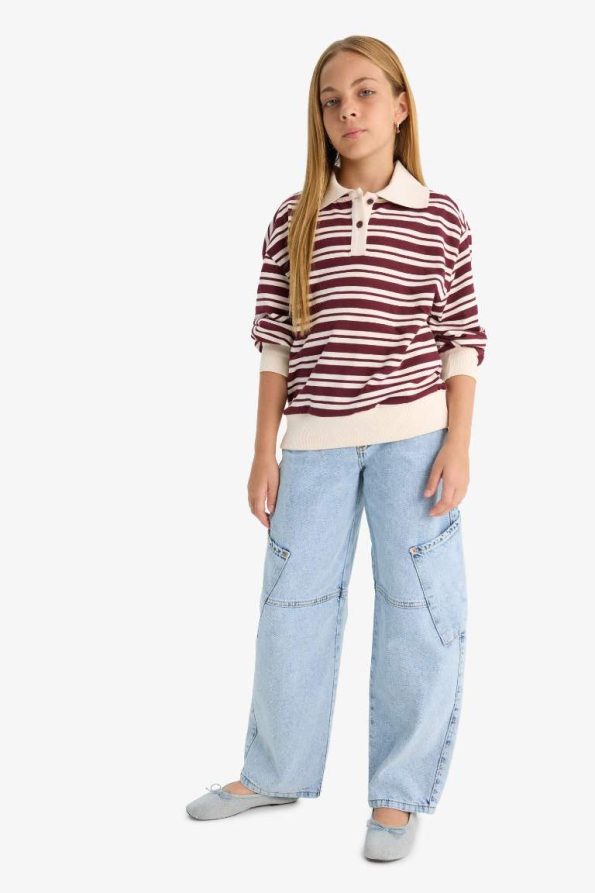 Girls' Relax Fit Striped Long Sleeve Polo School T-Shirt