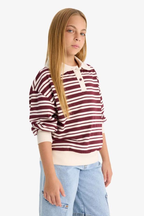 Girls' Relax Fit Striped Long Sleeve Polo School T-Shirt