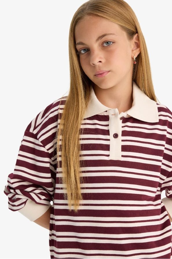 Girls' Relax Fit Striped Long Sleeve Polo School T-Shirt