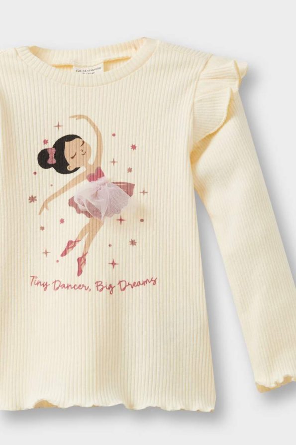Girls' Long Sleeve Ballet Print Ribbed T-Shirt