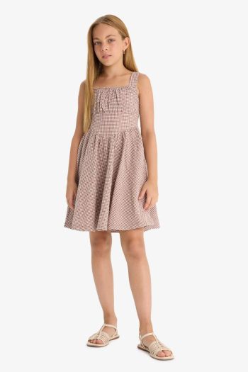 Girls' Checkered Crinkle Viscose Strappy Dress