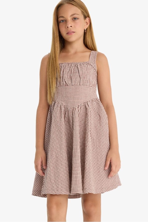 Girls' Checkered Crinkle Viscose Strappy Dress
