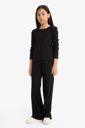 Girls' Two-Piece Set Ribbed Long Sleeve T-Shirt and Sweatpants