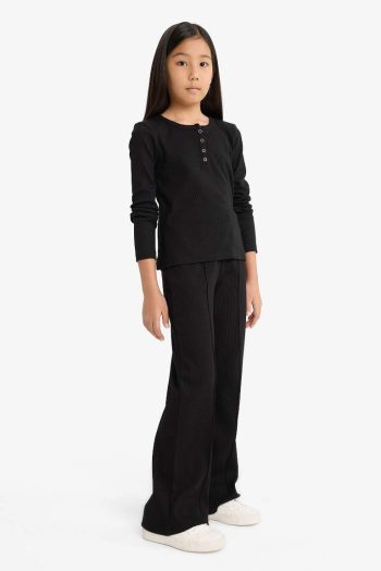 Girls' Two-Piece Set Ribbed Long Sleeve T-Shirt and Sweatpants