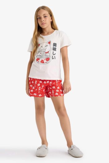 Girls' Printed Short Sleeve Pajama Set with Patterned Shorts
