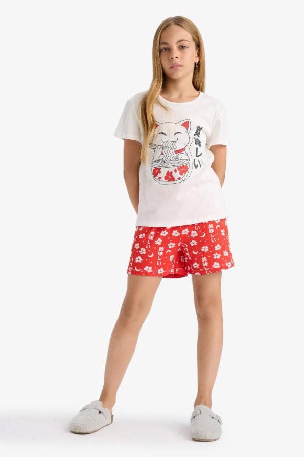 Girls' Printed Short Sleeve Pajama Set with Patterned Shorts