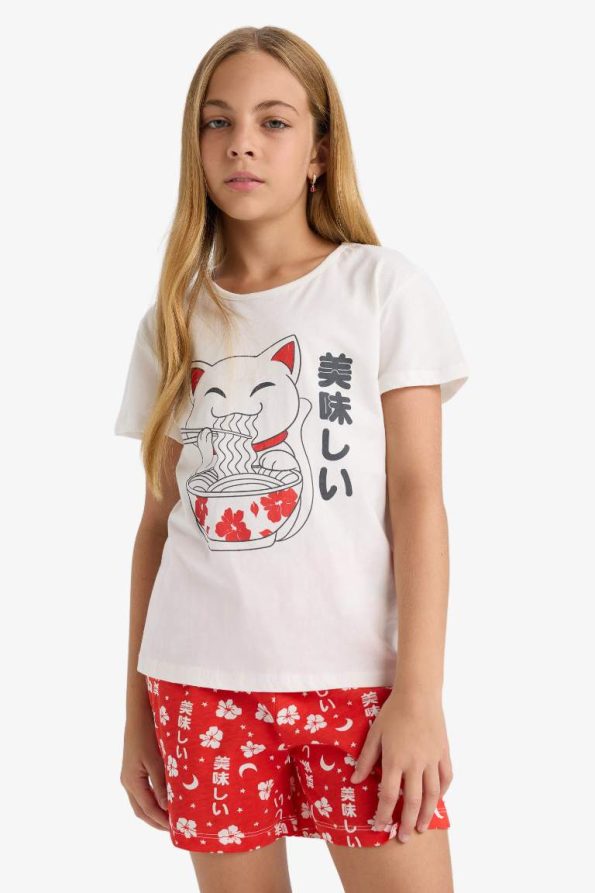 Girls' Printed Short Sleeve Pajama Set with Patterned Shorts