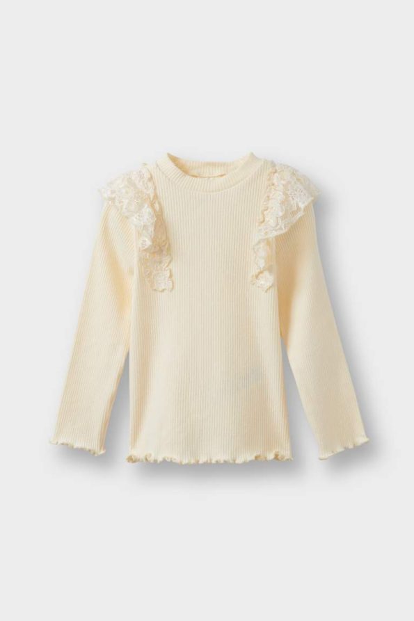Girls' Long Sleeve Ribbed T-Shirt with Lace Details