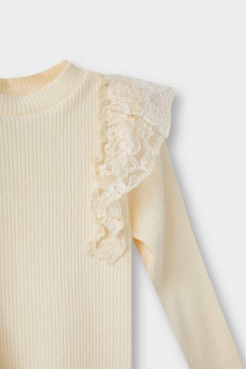 Girls' Long Sleeve Ribbed T-Shirt with Lace Details