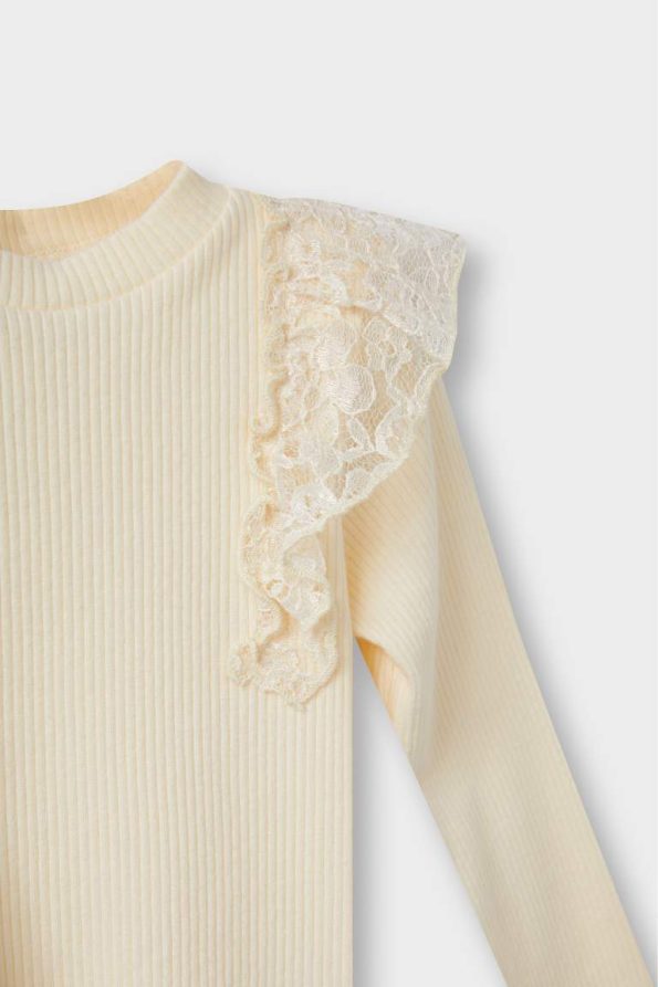 Girls' Long Sleeve Ribbed T-Shirt with Lace Details