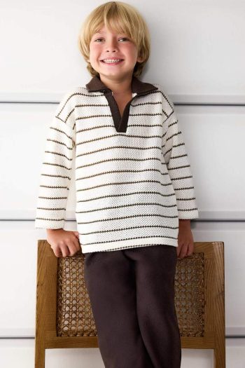 Boys' Striped Long Sleeve T-Shirt with Sweater Collar