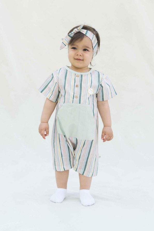 Short Sleeve Baby Romper Green Striped Organic Cotton