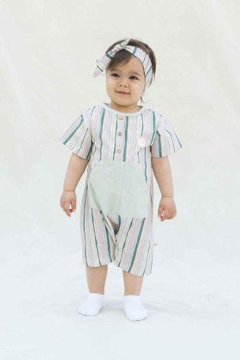 Short Sleeve Baby Romper Green Striped Organic Cotton
