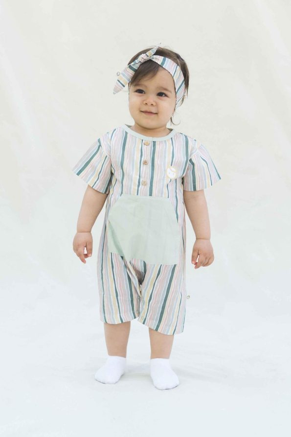 Short Sleeve Baby Romper Green Striped Organic Cotton