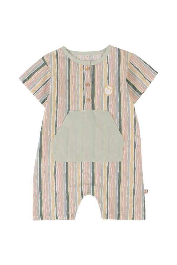 Short Sleeve Baby Romper Green Striped Organic Cotton