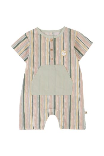 Short Sleeve Baby Romper Green Striped Organic Cotton