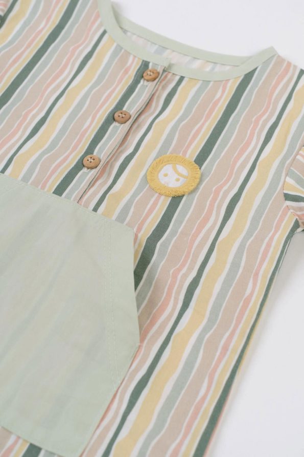 Short Sleeve Baby Romper Green Striped Organic Cotton