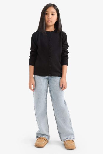 Girls' Button-Up Crew Neck Knit Cardigan