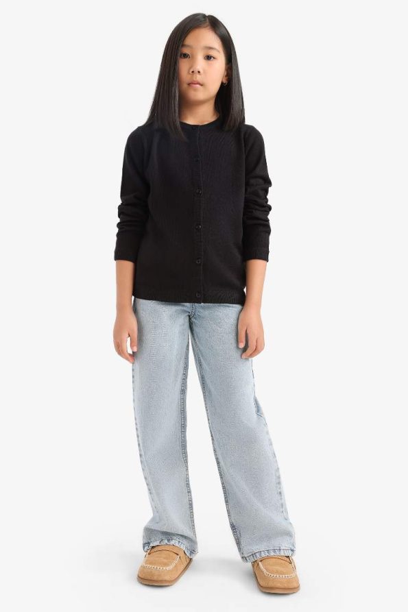 Girls' Button-Up Crew Neck Knit Cardigan