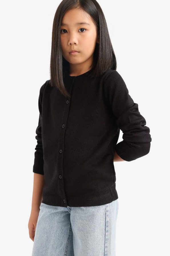 Girls' Button-Up Crew Neck Knit Cardigan