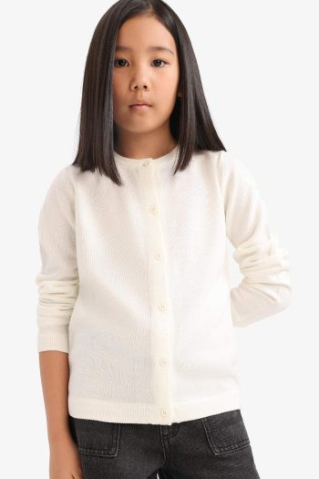 Girls' Buttoned Crew Neck Knit Cardigan