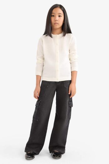 Girls' Buttoned Crew Neck Knit Cardigan