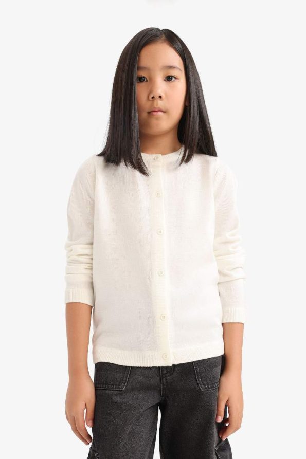 Girls' Buttoned Crew Neck Knit Cardigan