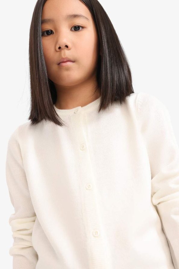 Girls' Buttoned Crew Neck Knit Cardigan