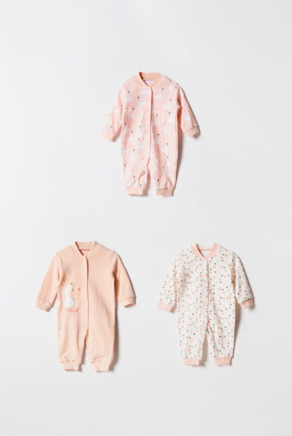 Swan Patterned Baby Girl 3-Piece Romper Set