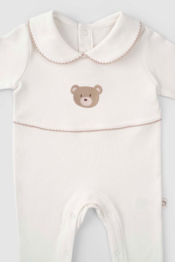 Organic Cotton Baby Collar Romper with Bear Embroidery