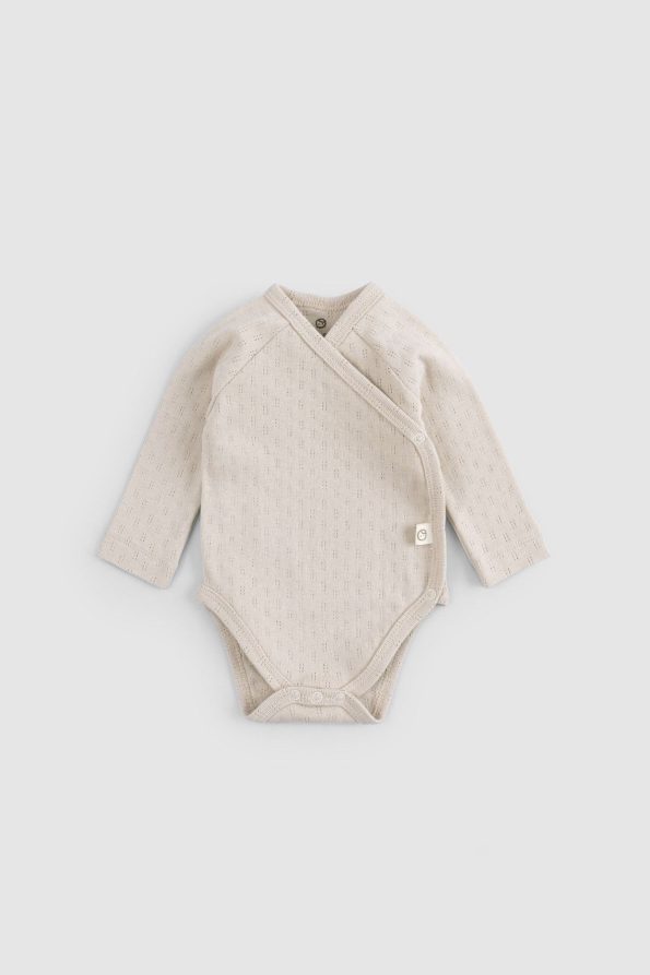 Organic Cotton Pointelle Long Sleeve Beige Cross Bodysuit